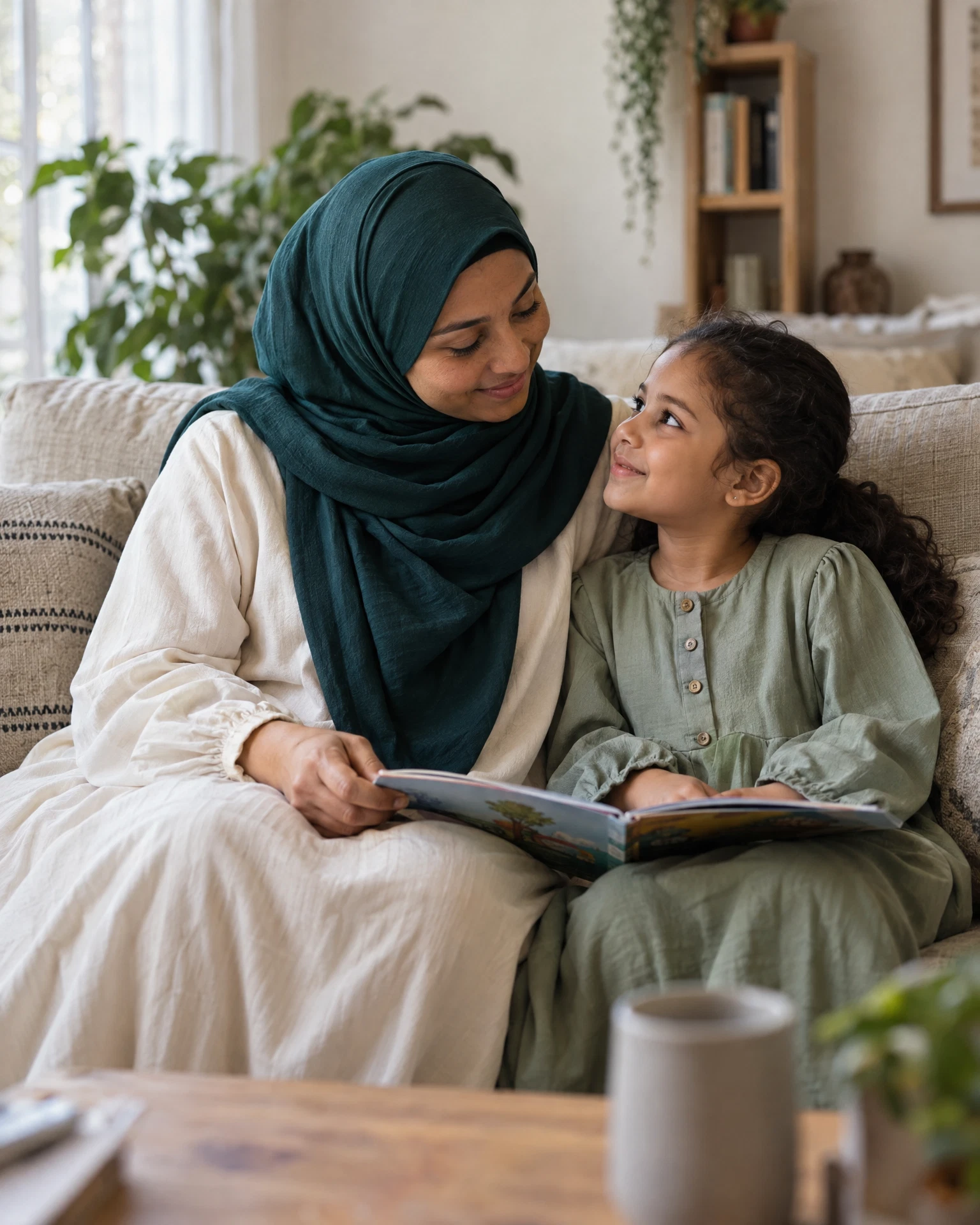 Illustrative scene of a modestly dressed Muslim mother in a teal hijab sharing a picture book and a peaceful smile with her daughter.