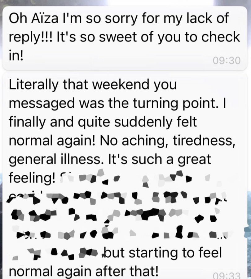 Redacted message thanking Aiza for checking in and describing feeling better after a difficult period.