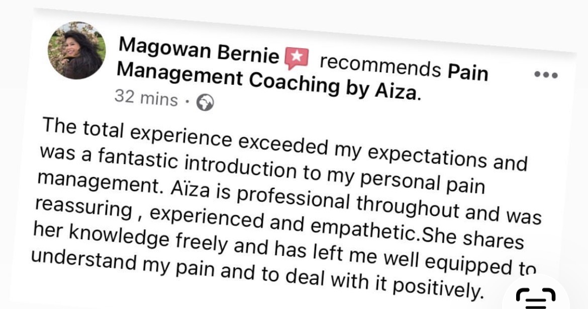 Facebook recommendation from Magowan Bernie describing Aiza as reassuring, experienced and empathetic.
