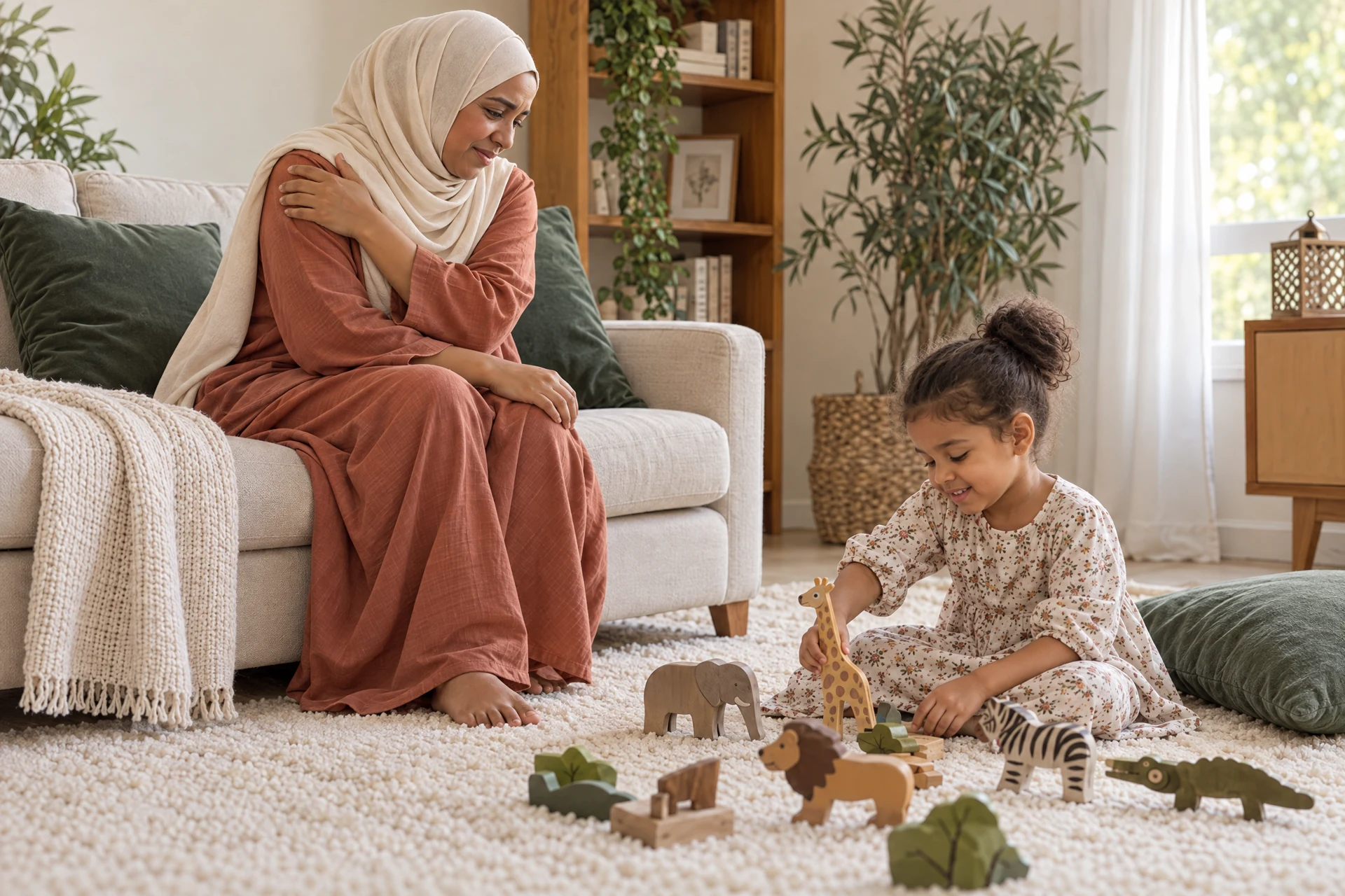 Illustrative scene of a modestly dressed mother in a cream hijab seated on a sofa, holding her sore shoulder while watching her daughter play on the rug.
